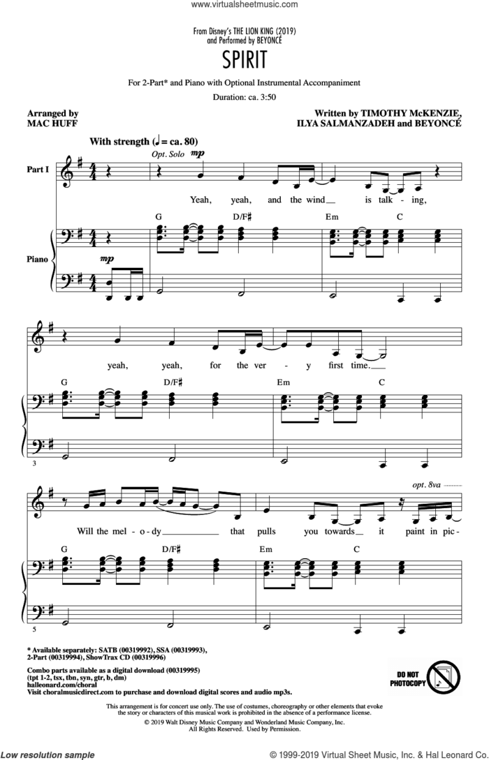 Spirit (from The Lion King 2019) (arr. Mac Huff) sheet music for choir (2-Part) by Beyonce, Mac Huff, Ilya Salmanzadeh and Timothy McKenzie, intermediate duet