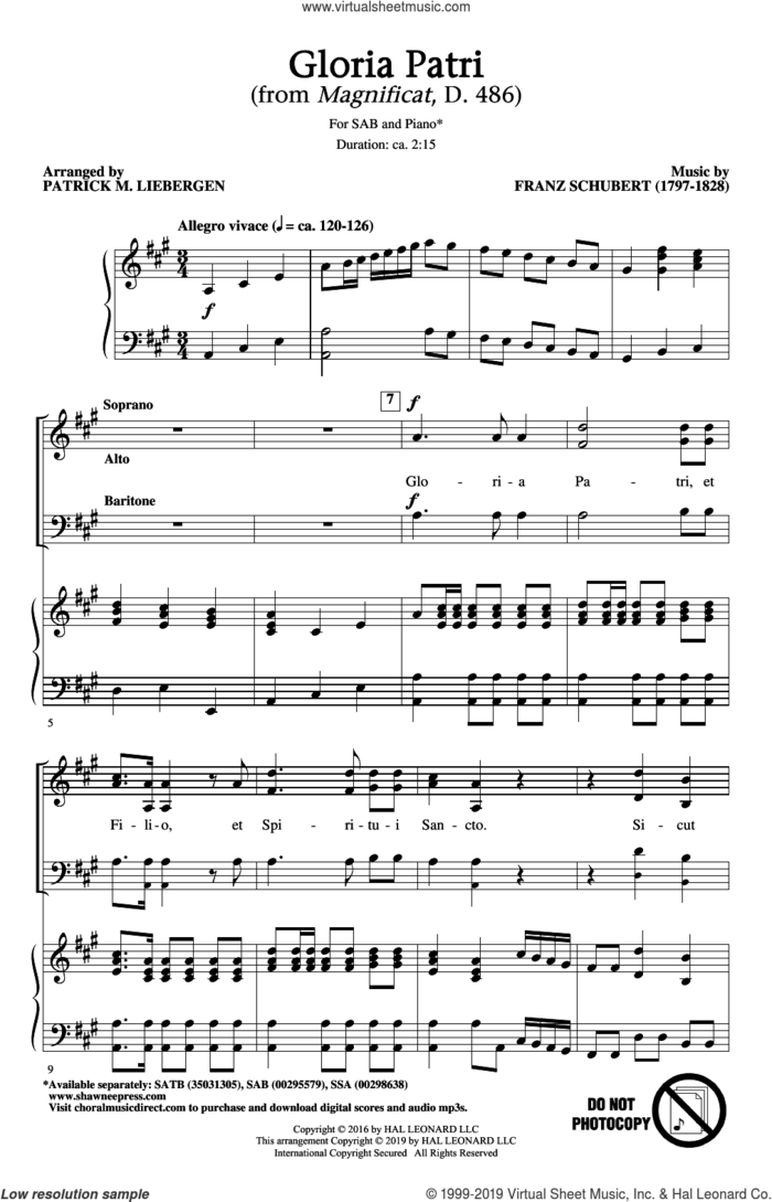 Gloria Patri (from Magnificat, D. 486) (arr. Patrick M. Liebergen) sheet music for choir (SAB: soprano, alto, bass) by Franz Schubert and Patrick Liebergen, intermediate skill level