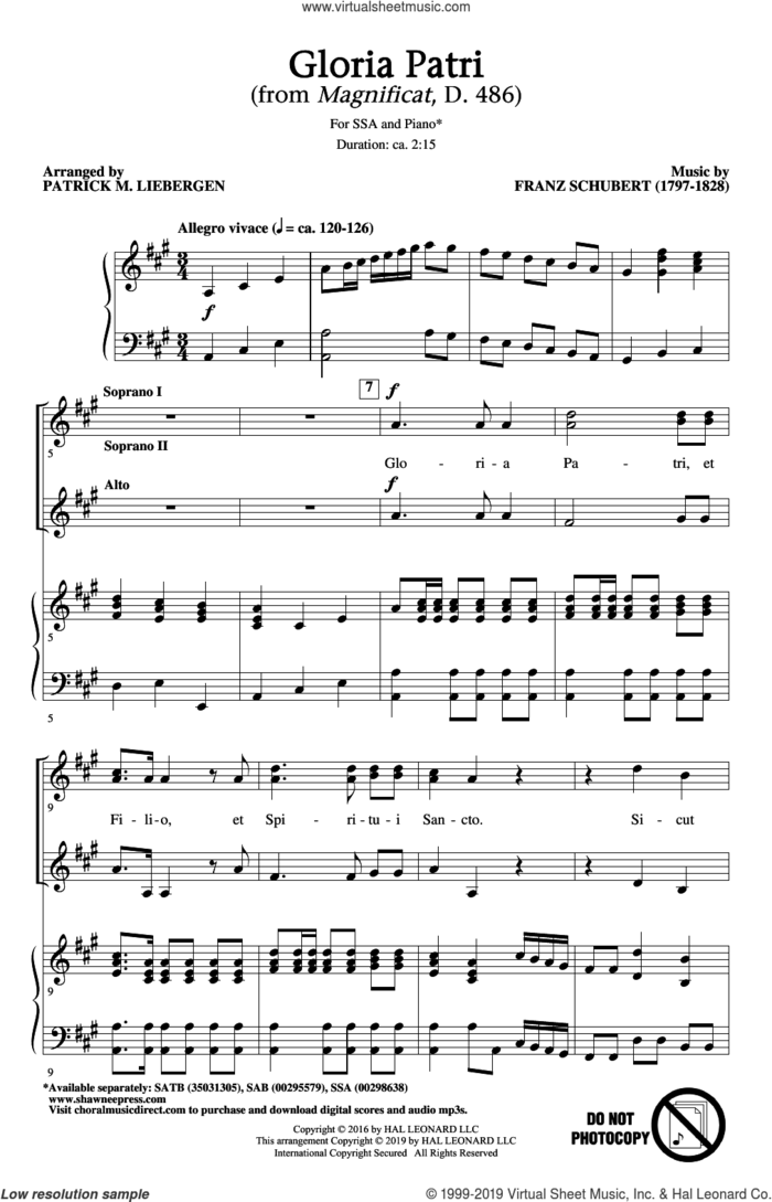 Gloria Patri (from Magnificat, D. 486) (arr. Patrick M. Liebergen) sheet music for choir (SSA: soprano, alto) by Franz Schubert and Patrick Liebergen, intermediate skill level