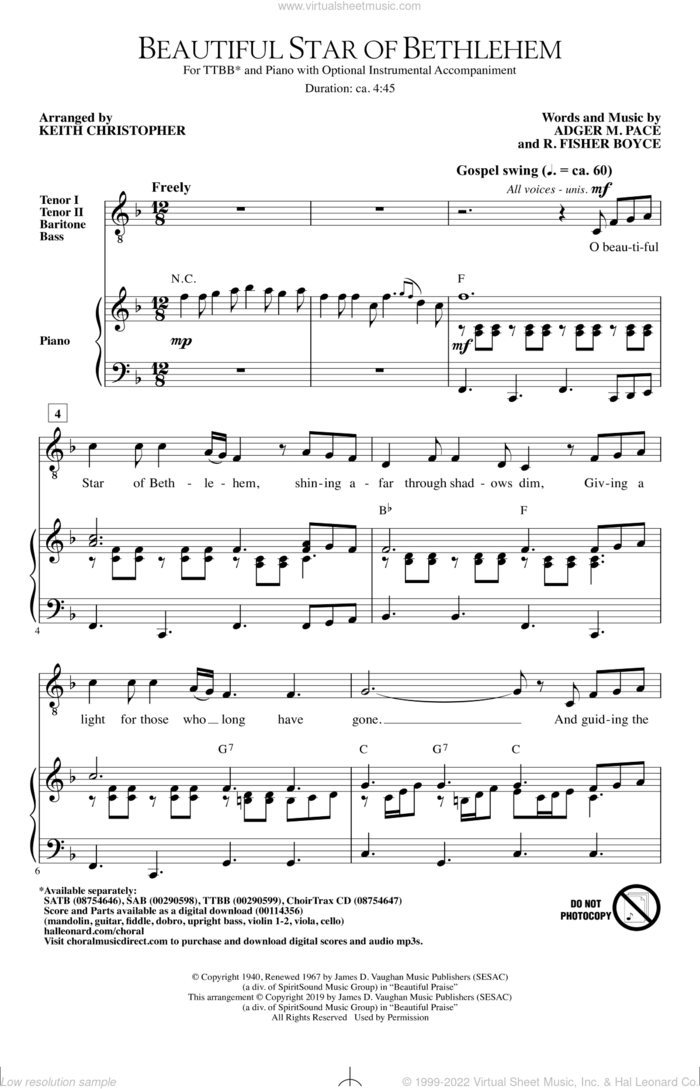Beautiful Star Of Bethlehem (arr. Keith Christopher) sheet music for choir (TTBB: tenor, bass) by Adger M. Pace and R. Fisher Boyce, Keith Christopher, Adger M. Pace and R. Fisher Boyce, intermediate skill level