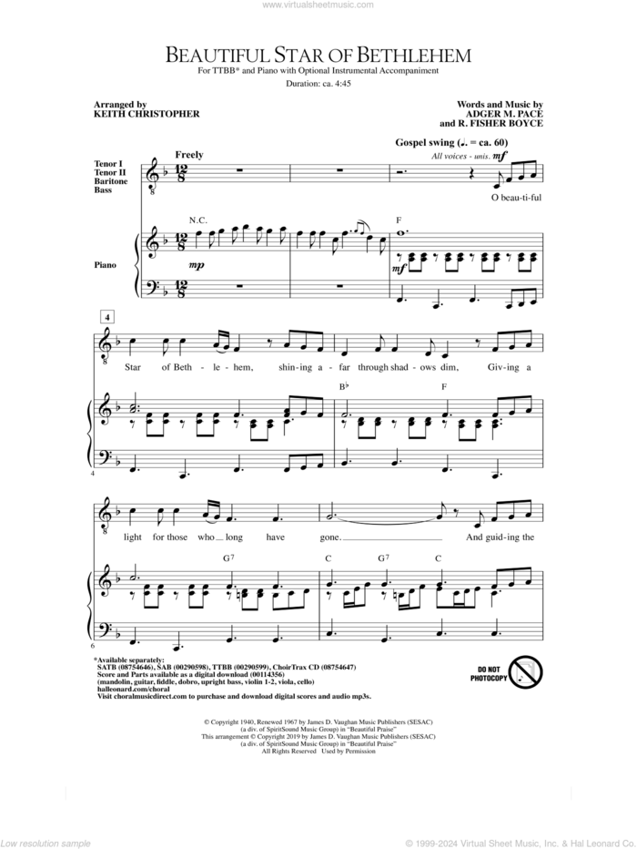 Beautiful Star Of Bethlehem (arr. Keith Christopher) sheet music for choir (TTBB: tenor, bass) by Adger M. Pace and R. Fisher Boyce, Keith Christopher, Adger M. Pace and R. Fisher Boyce, intermediate skill level