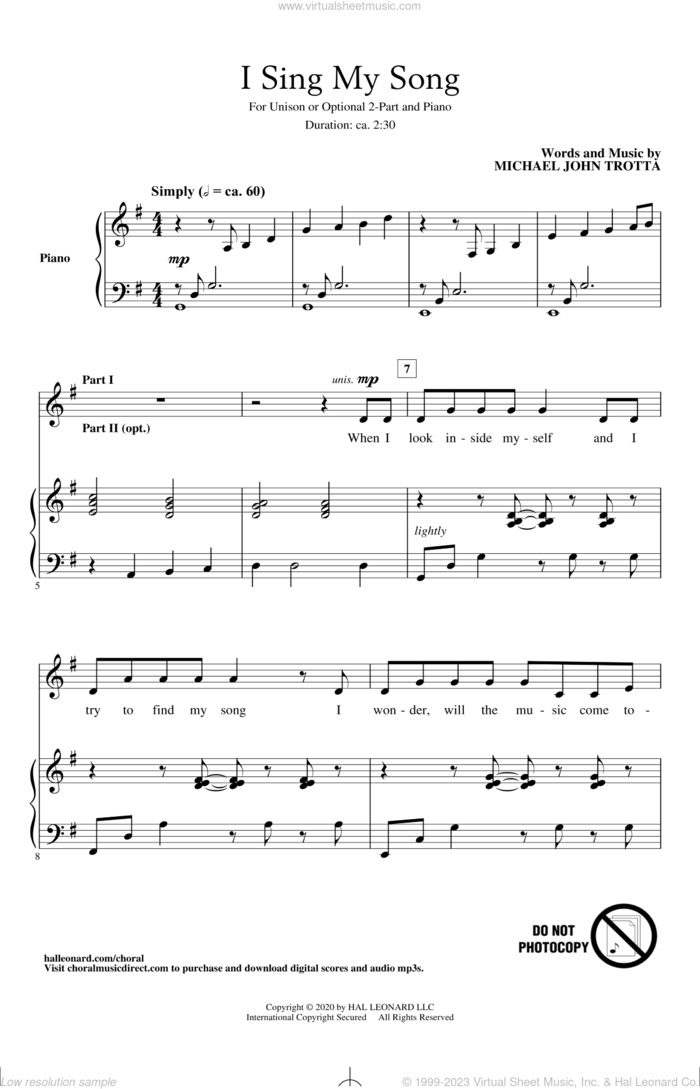 I Sing My Song sheet music for choir (2-Part) by Michael John Trotta, intermediate duet