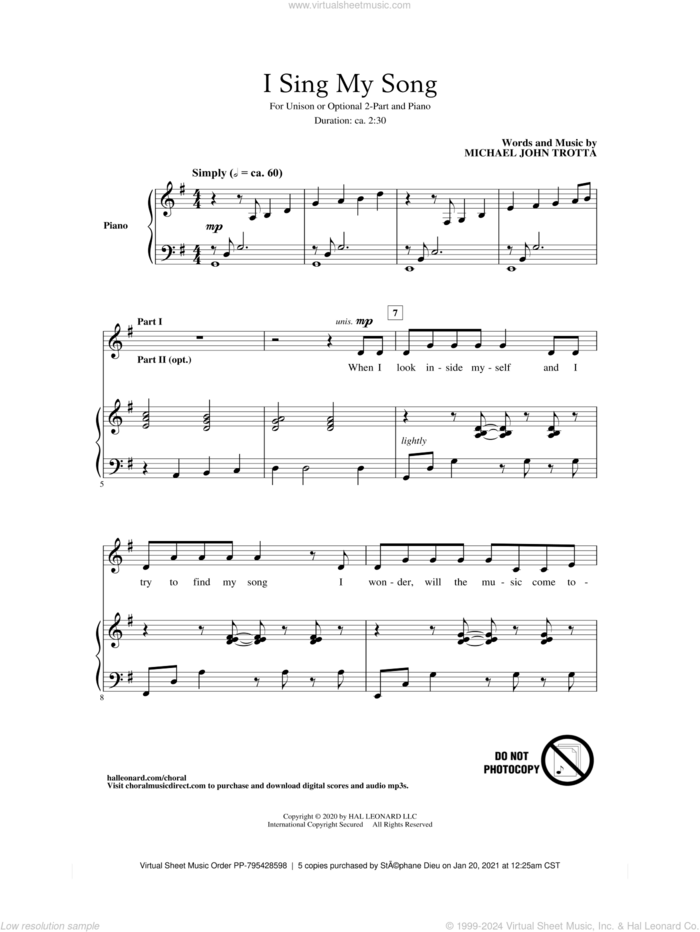 I Sing My Song sheet music for choir (2-Part) by Michael John Trotta, intermediate duet