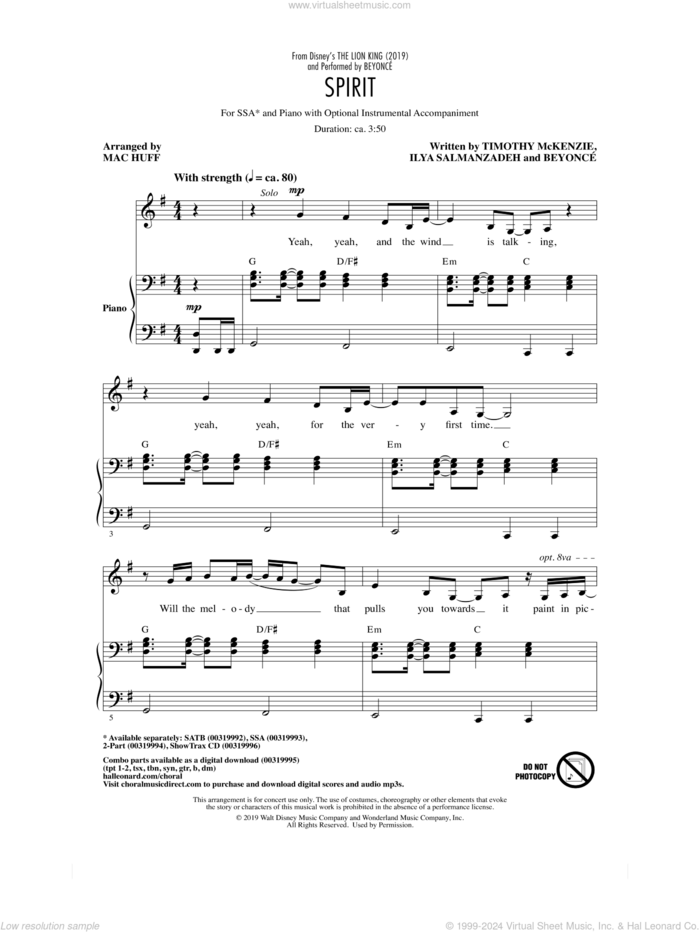 Spirit (from The Lion King 2019) (arr. Mac Huff) sheet music for choir (SSA: soprano, alto) by Beyonce, Mac Huff, Ilya Salmanzadeh and Timothy McKenzie, intermediate skill level