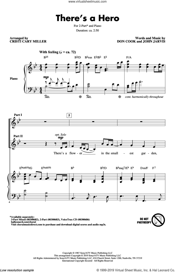 There's A Hero (arr. Cristi Cary Miller) sheet music for choir (2-Part) by John Jarvis, Cristi Cary Miller, Don Cook and Don Cook and John Jarvis, intermediate duet