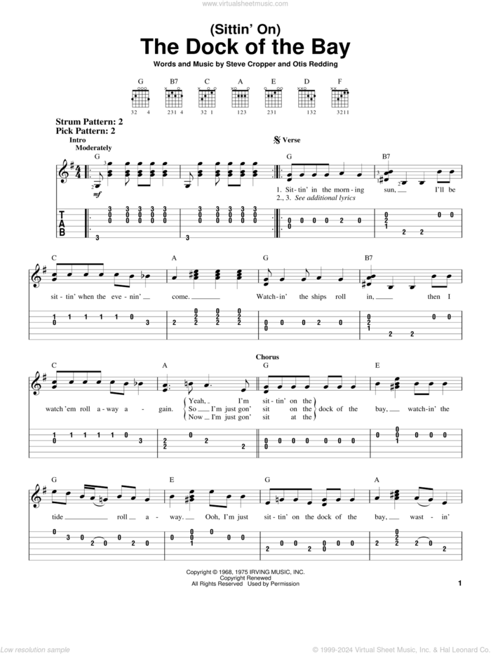 (Sittin' On) The Dock Of The Bay sheet music for guitar solo (easy tablature) by Otis Redding and Steve Cropper, easy guitar (easy tablature)