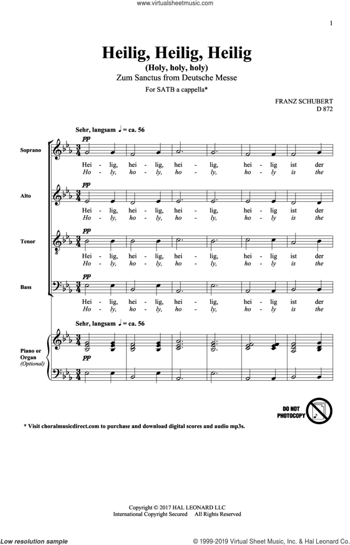 Heilig, Heilig, Heilig (Holy, Holy, Holy) sheet music for choir (SATB: soprano, alto, tenor, bass) by Franz Schubert, intermediate skill level