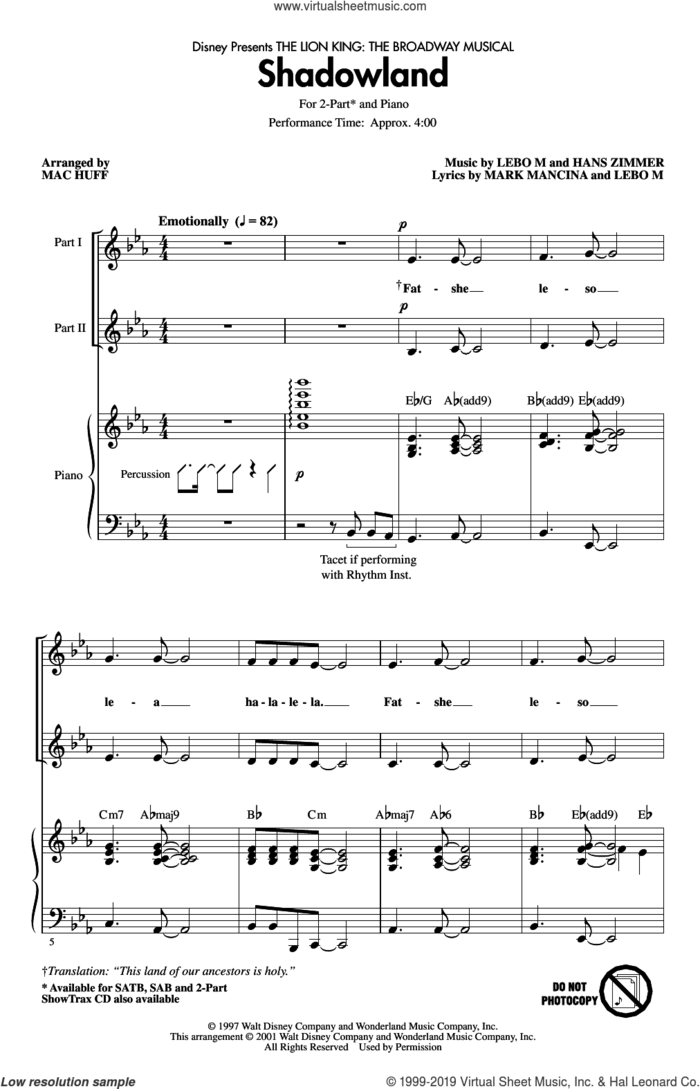 Shadowland (from The Lion King: Broadway Musical) (arr. Mac Huff) sheet music for choir (2-Part) by Hans Zimmer, Mac Huff, Lebo M., Lebo M., Hans Zimmer and Mark Mancina and Mark Mancina, intermediate duet