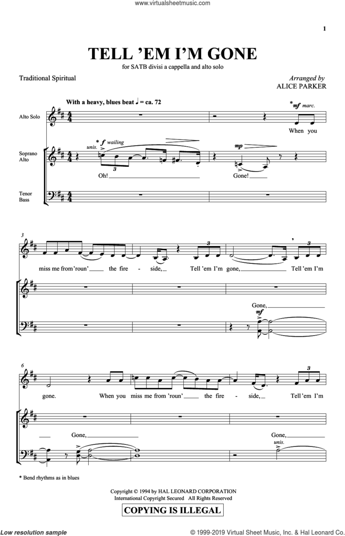 Tell 'Em I'm Gone (arr. Alice Parker) sheet music for choir (SATB: soprano, alto, tenor, bass)  and Alice Parker, intermediate skill level