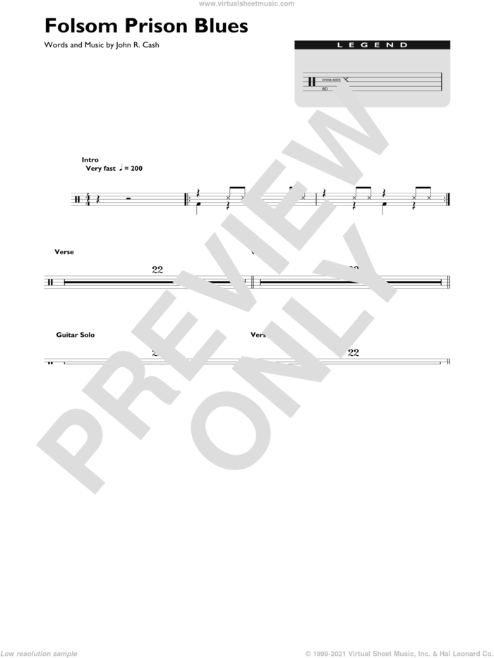 Folsom Prison Blues sheet music for drums (percussions) by Johnny Cash, intermediate skill level