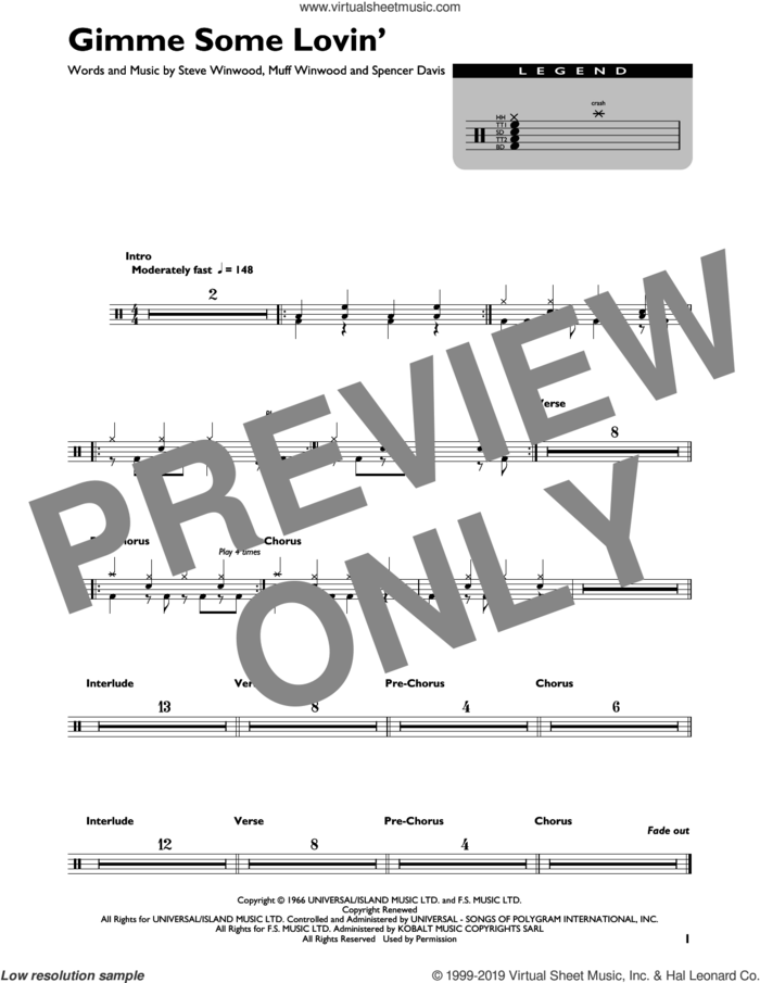 Gimme Some Lovin' sheet music for drums (percussions) by The Spencer Davis Group, Muff Winwood, Spencer Davis and Steve Winwood, intermediate skill level