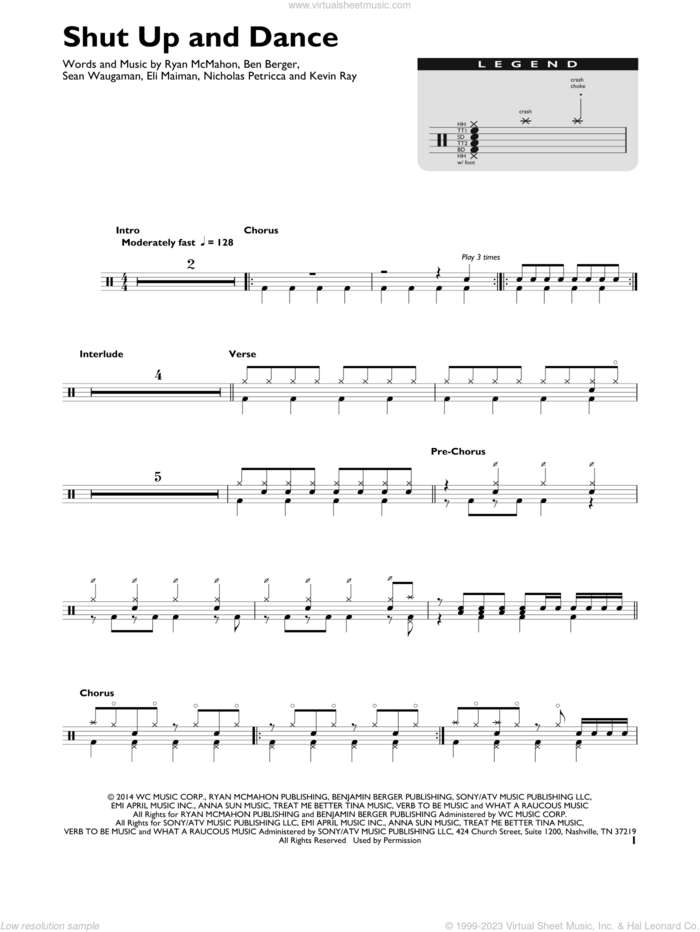 Shut Up And Dance sheet music for drums (percussions) by Walk The Moon, Ben Berger, Eli Maiman, Kevin Ray, Nicholas Petricca, Ryan McMahon and Sean Waugaman, intermediate skill level