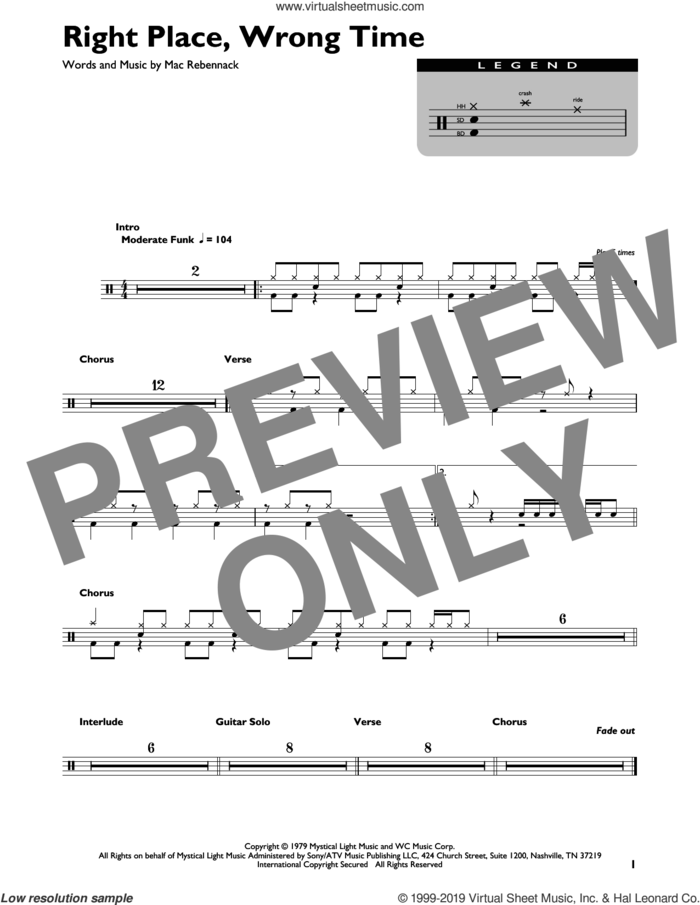 Right Place, Wrong Time sheet music for drums (percussions) by Dr. John and Mac Rebennack, intermediate skill level