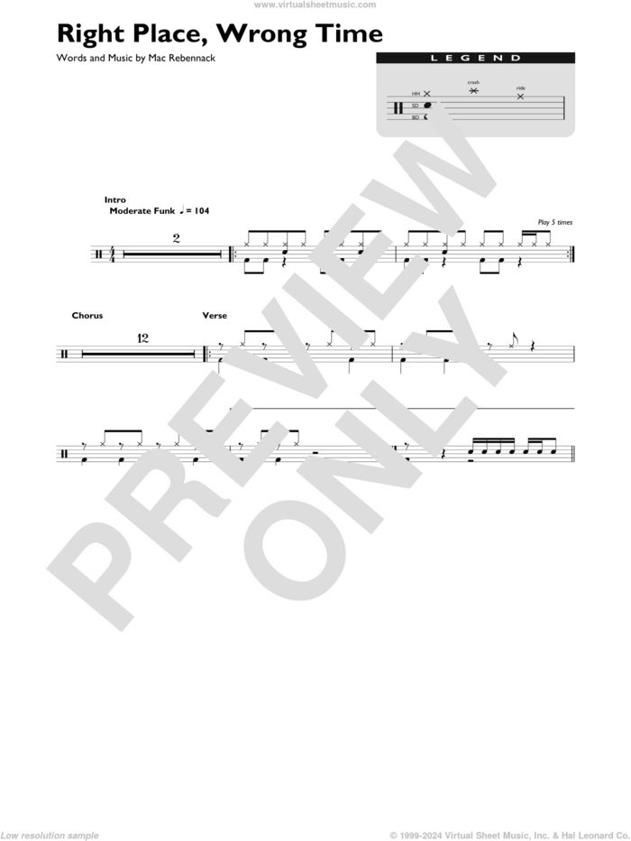 Right Place, Wrong Time sheet music for drums (percussions) by Dr. John and Mac Rebennack, intermediate skill level