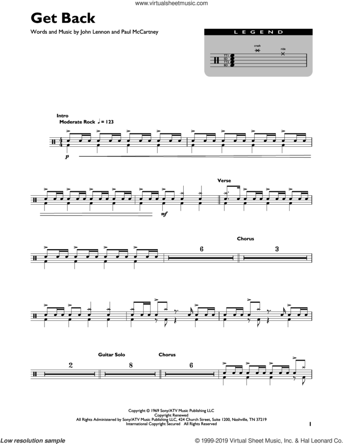 Get Back sheet music for drums (percussions) by The Beatles, John Lennon and Paul McCartney, intermediate skill level