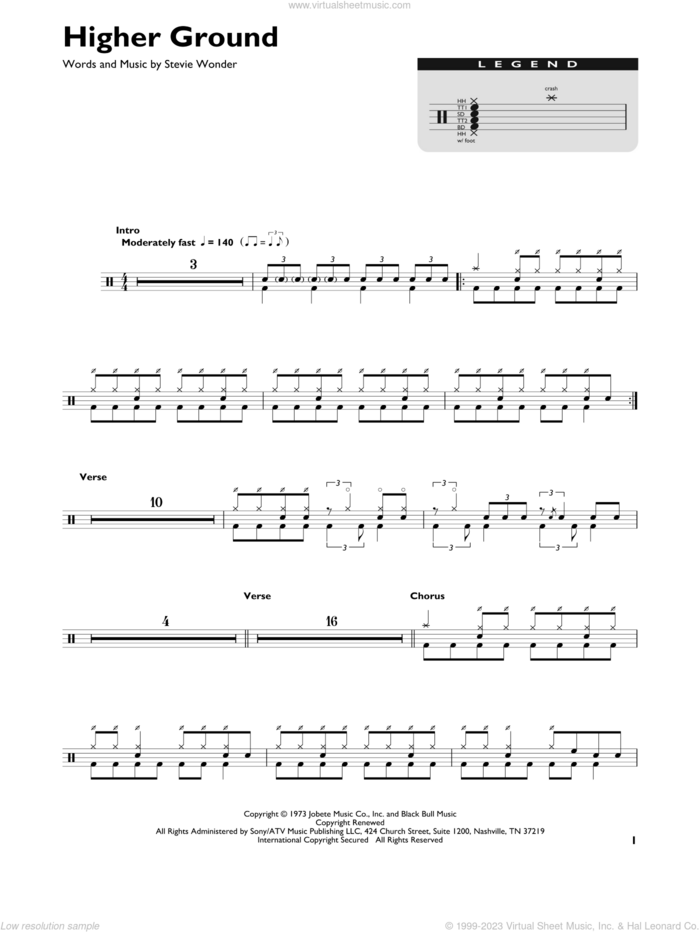 Higher Ground sheet music for drums (percussions) by Red Hot Chili Peppers and Stevie Wonder, intermediate skill level