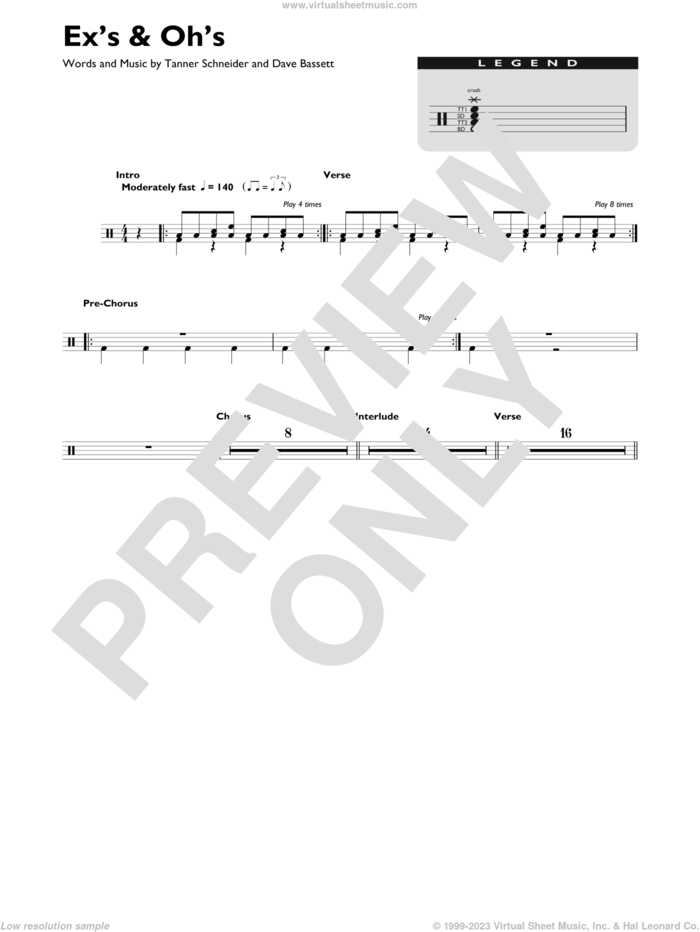 Ex's and Oh's sheet music for drums (percussions) by Elle King, Dave Bassett and Tanner Schneider, intermediate skill level