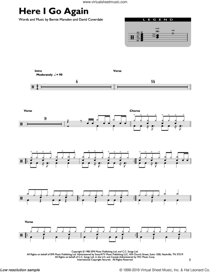 Here I Go Again sheet music for drums (percussions) by Whitesnake, Bernie Marsden and David Coverdale, intermediate skill level