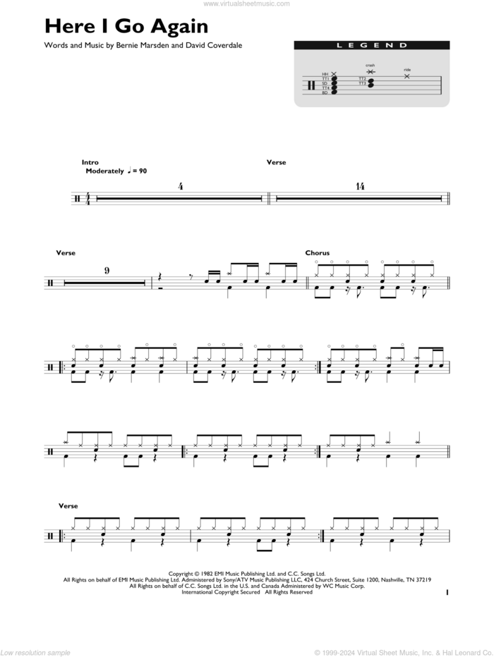 Here I Go Again sheet music for drums (percussions) by Whitesnake, Bernie Marsden and David Coverdale, intermediate skill level