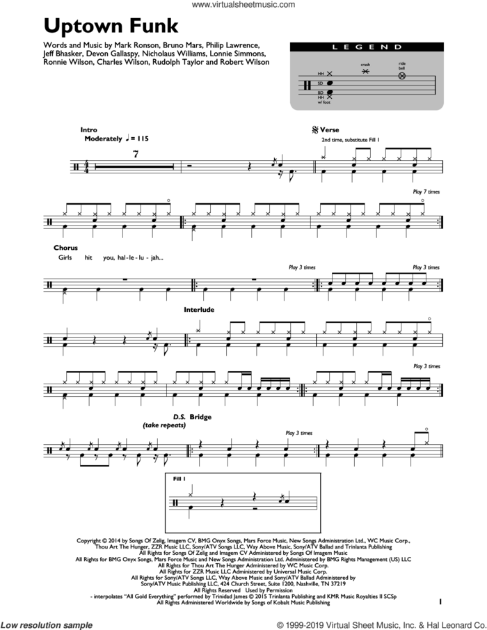 Uptown Funk (feat. Bruno Mars) sheet music for drums (percussions) by Mark Ronson, Bruno Mars, Charles Wilson, Devon Gallaspy, Jeff Bhasker, Lonnie Simmons, Nicholaus Williams, Philip Lawrence, Robert Wilson, Ronnie Wilson and Rudolph Taylor, intermediate skill level