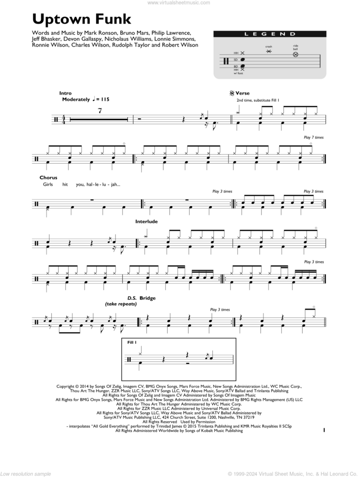 Uptown Funk (feat. Bruno Mars) sheet music for drums (percussions) by Mark Ronson, Bruno Mars, Charles Wilson, Devon Gallaspy, Jeff Bhasker, Lonnie Simmons, Nicholaus Williams, Philip Lawrence, Robert Wilson, Ronnie Wilson and Rudolph Taylor, intermediate skill level