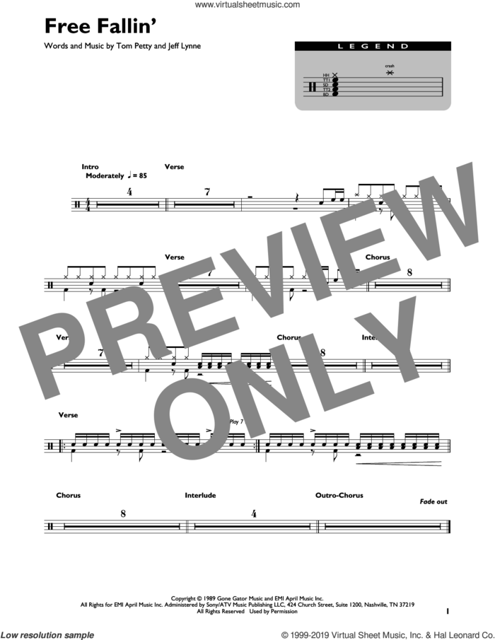 Free Fallin' sheet music for drums (percussions) by Tom Petty and Jeff Lynne, intermediate skill level