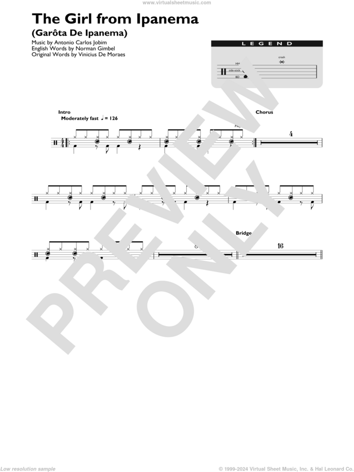 The Girl From Ipanema (Garota De Ipanema) sheet music for drums (percussions) by Norman Gimbel, Antonio Carlos Jobim and Vinicius de Moraes, intermediate skill level