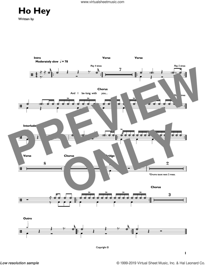 Ho Hey sheet music for drums (percussions) by The Lumineers, Jeremy Fraites and Wesley Schultz, intermediate skill level
