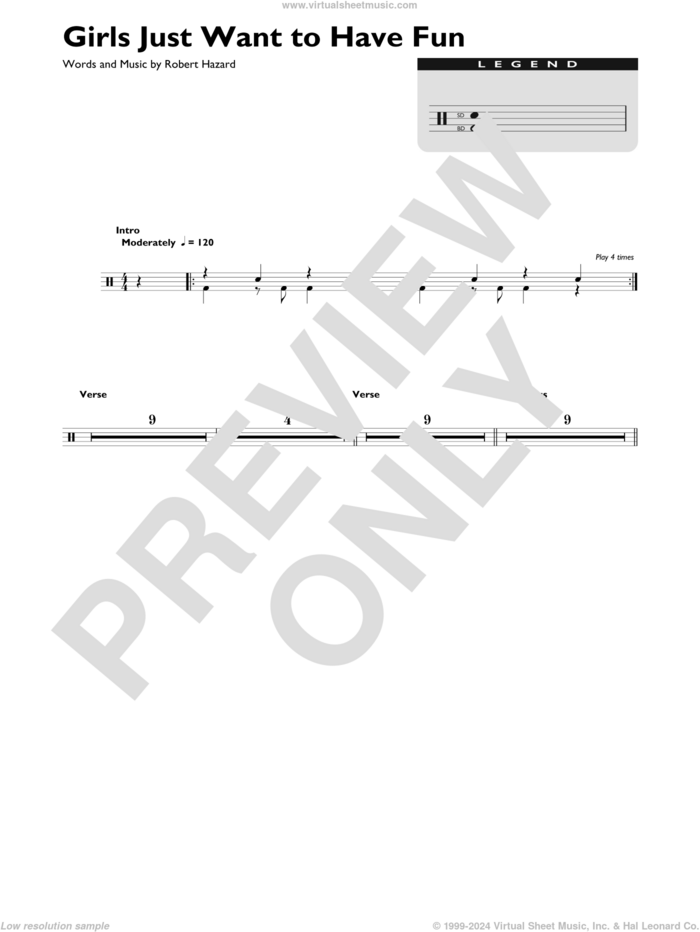 Girls Just Want To Have Fun sheet music for drums (percussions) by Cyndi Lauper and Robert Hazard, intermediate skill level