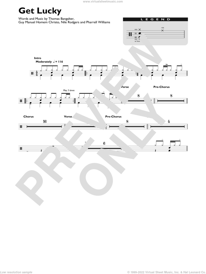 Get Lucky (feat. Pharrell Williams) sheet music for drums (percussions) by Daft Punk, Guy Manuel Homem Christo, Nile Rodgers, Pharrell Williams and Thomas Bangalter, intermediate skill level