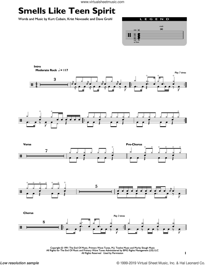Smells Like Teen Spirit sheet music for drums (percussions) by Nirvana, Dave Grohl, Krist Novoselic and Kurt Cobain, intermediate skill level