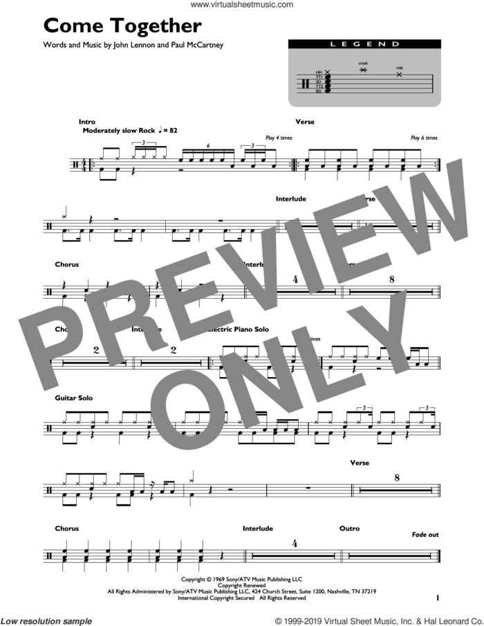 Come Together sheet music for drums (percussions) by The Beatles, John Lennon and Paul McCartney, intermediate skill level