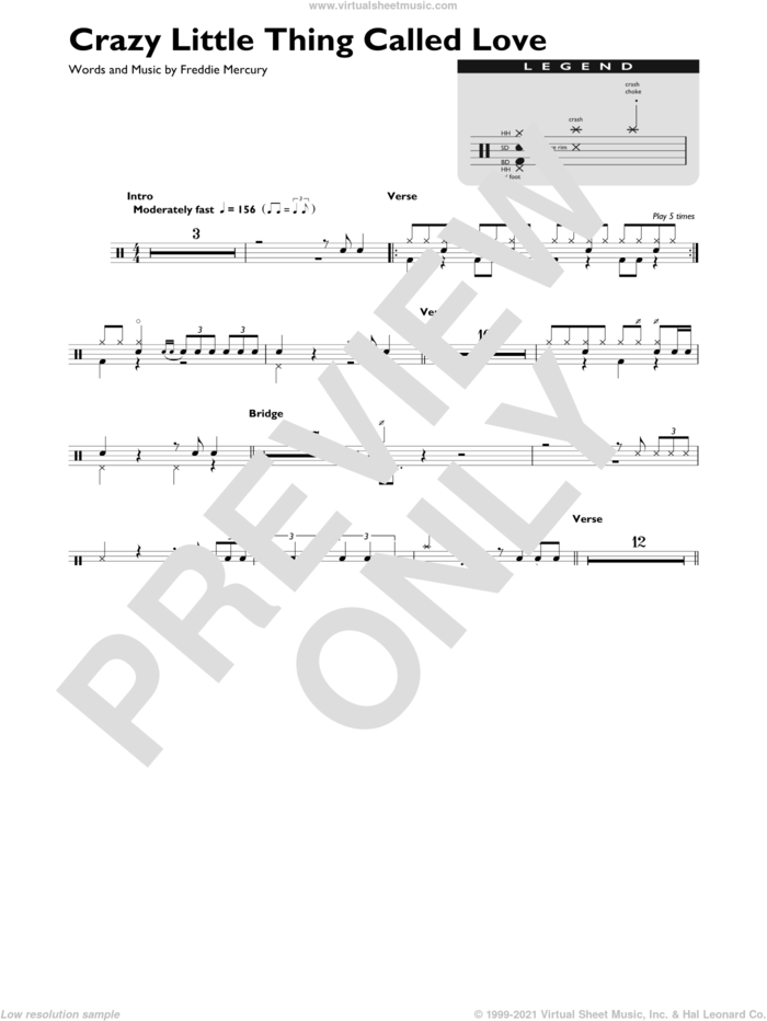 Crazy Little Thing Called Love sheet music for drums (percussions) by Queen and Freddie Mercury, intermediate skill level