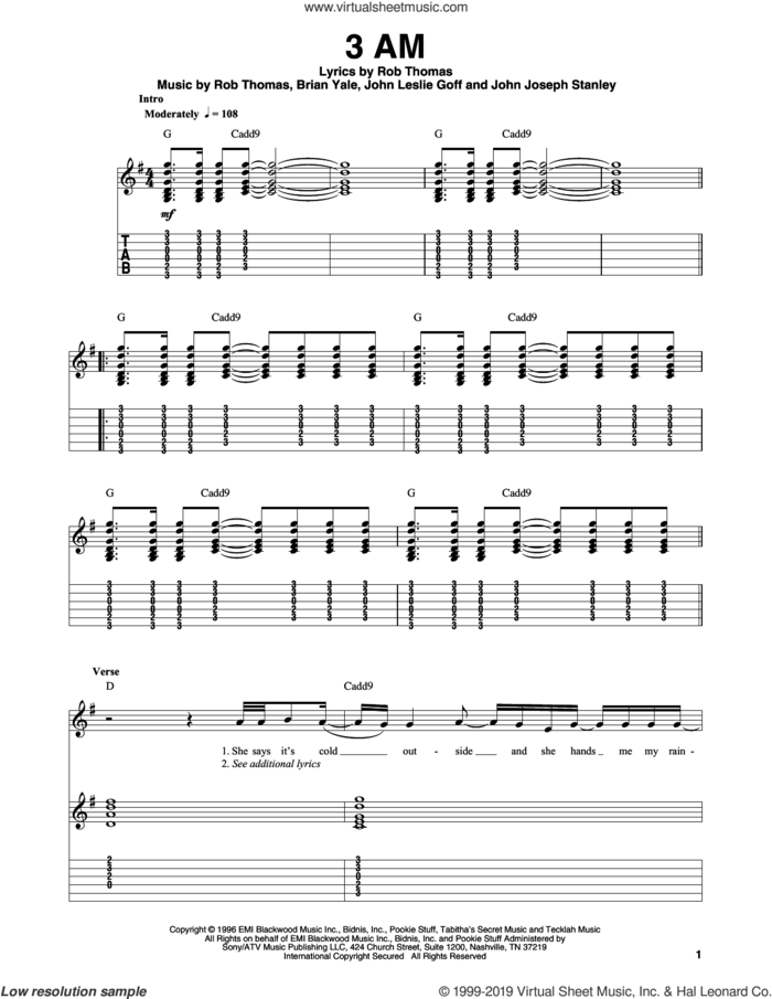 3 AM sheet music for guitar (tablature, play-along) by Matchbox Twenty, Matchbox 20, Brian Yale, Jay Stanley, John Goff and Rob Thomas, intermediate skill level