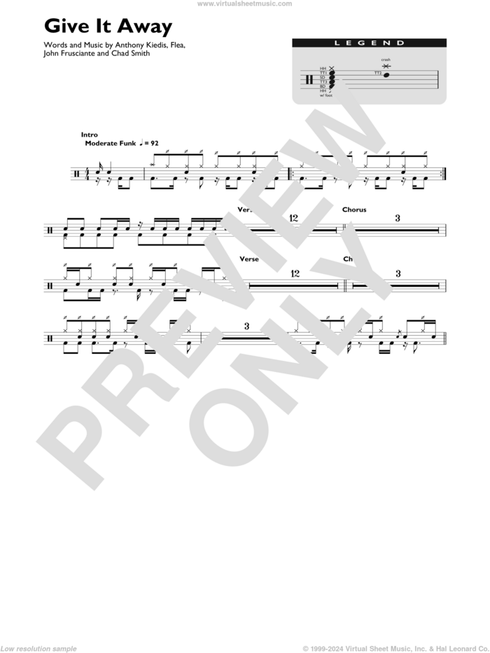 Give It Away sheet music for drums (percussions) by Red Hot Chili Peppers, Anthony Kiedis, Chad Smith, Flea and John Frusciante, intermediate skill level