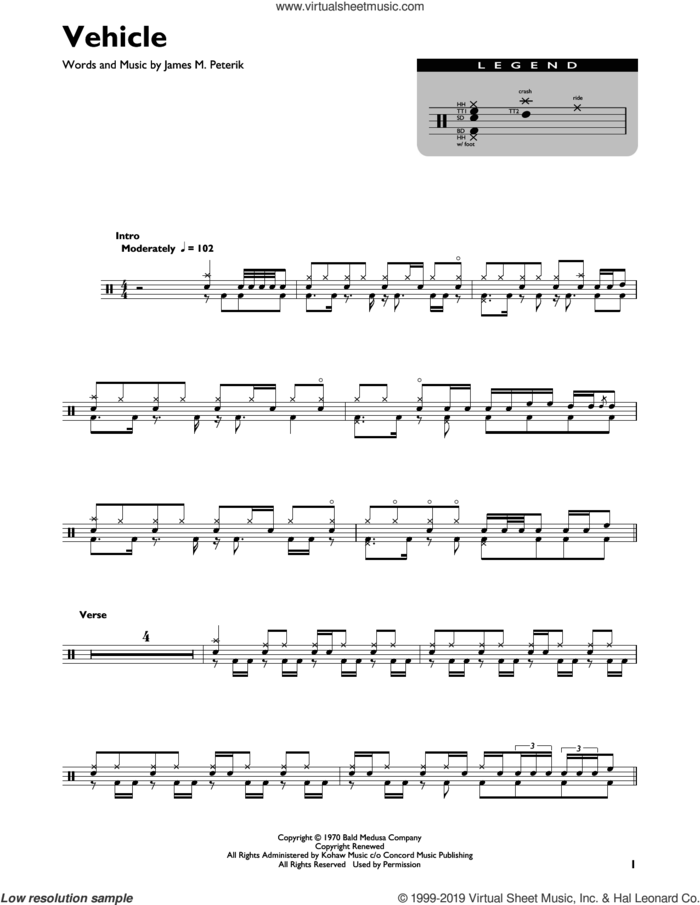 Vehicle sheet music for drums (percussions) by The Ides Of March and Jim Peterik, intermediate skill level