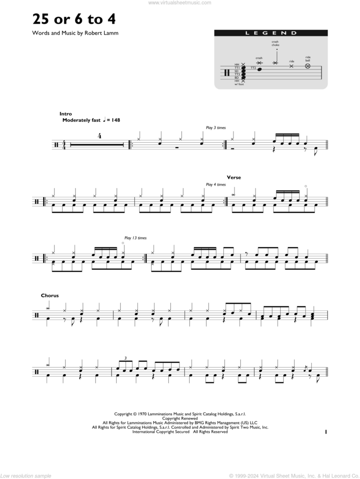 25 Or 6 To 4 sheet music for drums (percussions) by Chicago and Robert Lamm, intermediate skill level