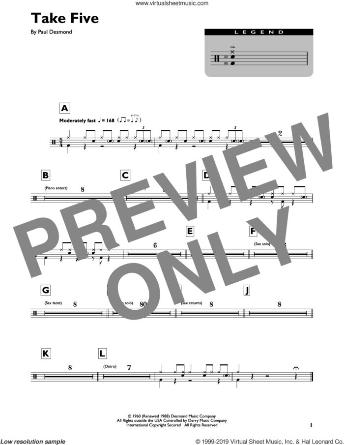 Take Five sheet music for drums (percussions) by Dave Brubeck and Paul Desmond, intermediate skill level