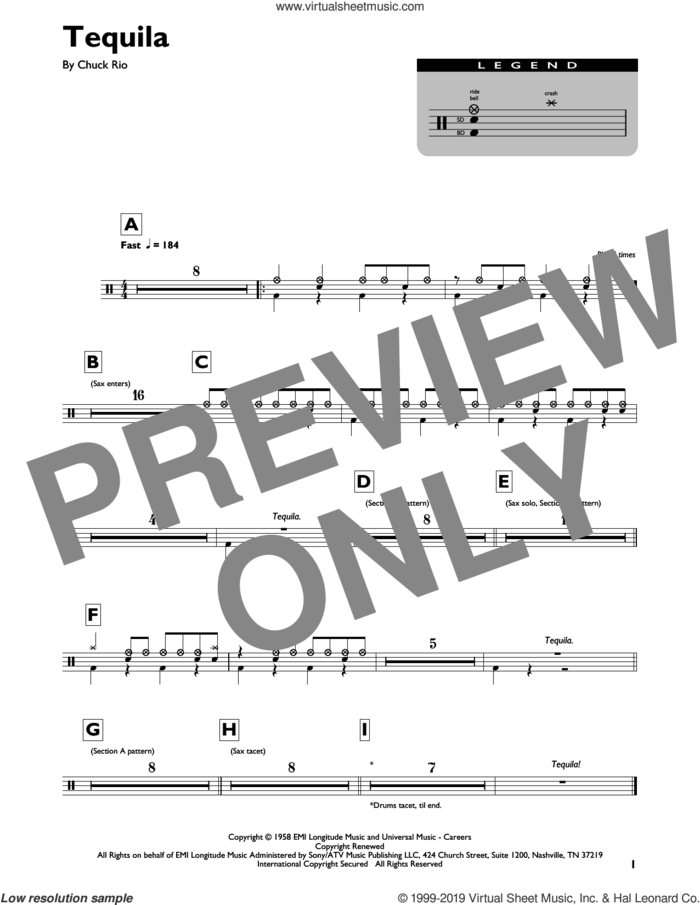 Tequila sheet music for drums (percussions) by The Champs and Chuck Rio, intermediate skill level