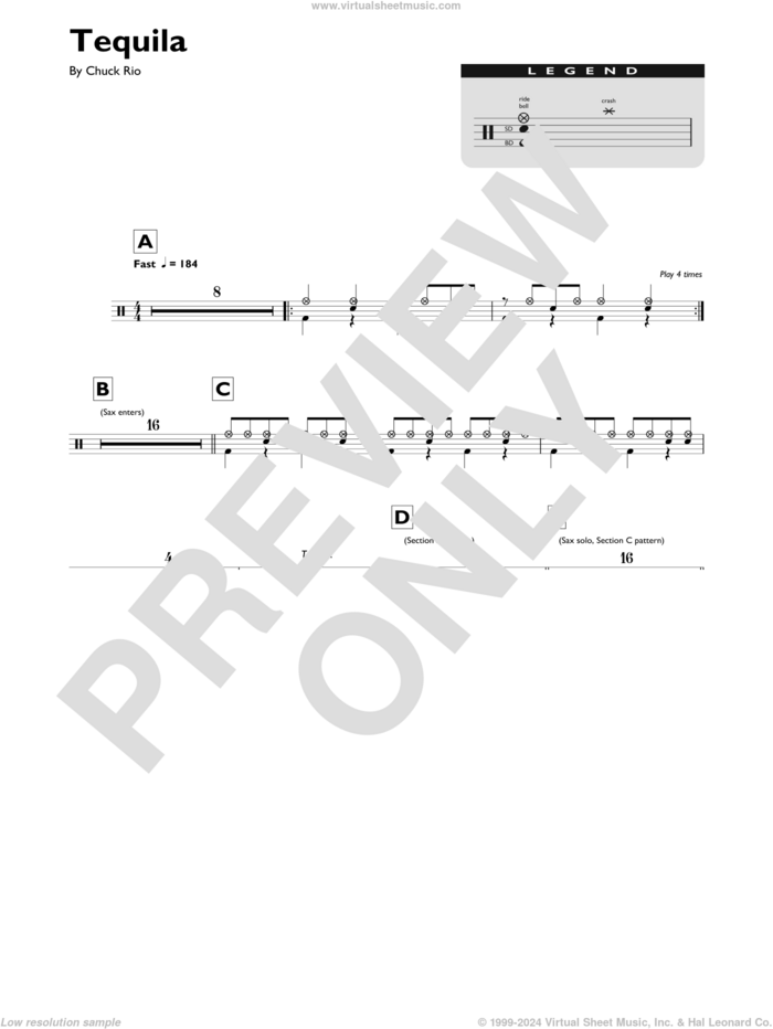 Tequila sheet music for drums (percussions) by The Champs and Chuck Rio, intermediate skill level