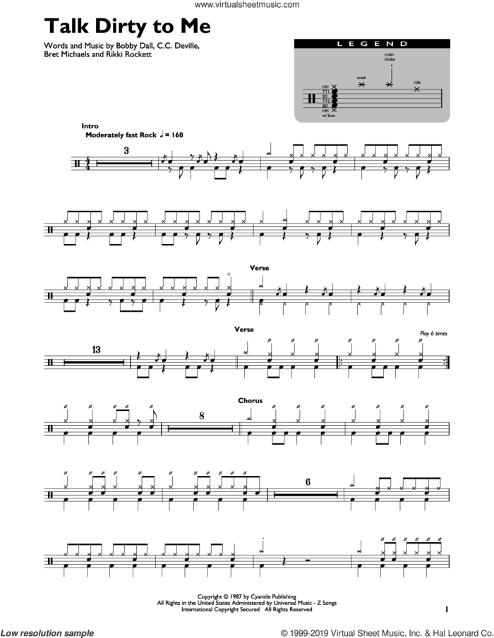 Talk Dirty To Me sheet music for drums (percussions) by Poison, Bobby Dall, Bret Michaels, C.C. Deville and Rikki Rockett, intermediate skill level
