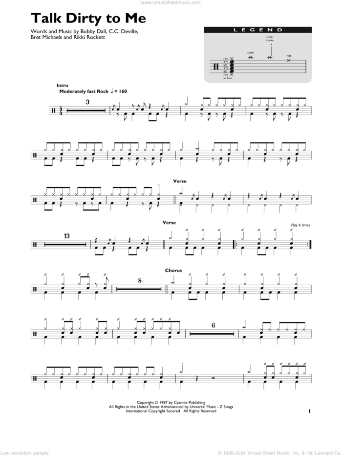 Talk Dirty To Me sheet music for drums (percussions) by Poison, Bobby Dall, Bret Michaels, C.C. Deville and Rikki Rockett, intermediate skill level