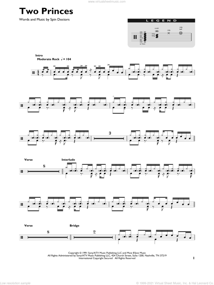 Two Princes sheet music for drums (percussions) by Spin Doctors, intermediate skill level