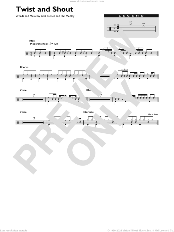 Twist And Shout sheet music for drums (percussions) by The Beatles, Bert Russell and Phil Medley, intermediate skill level