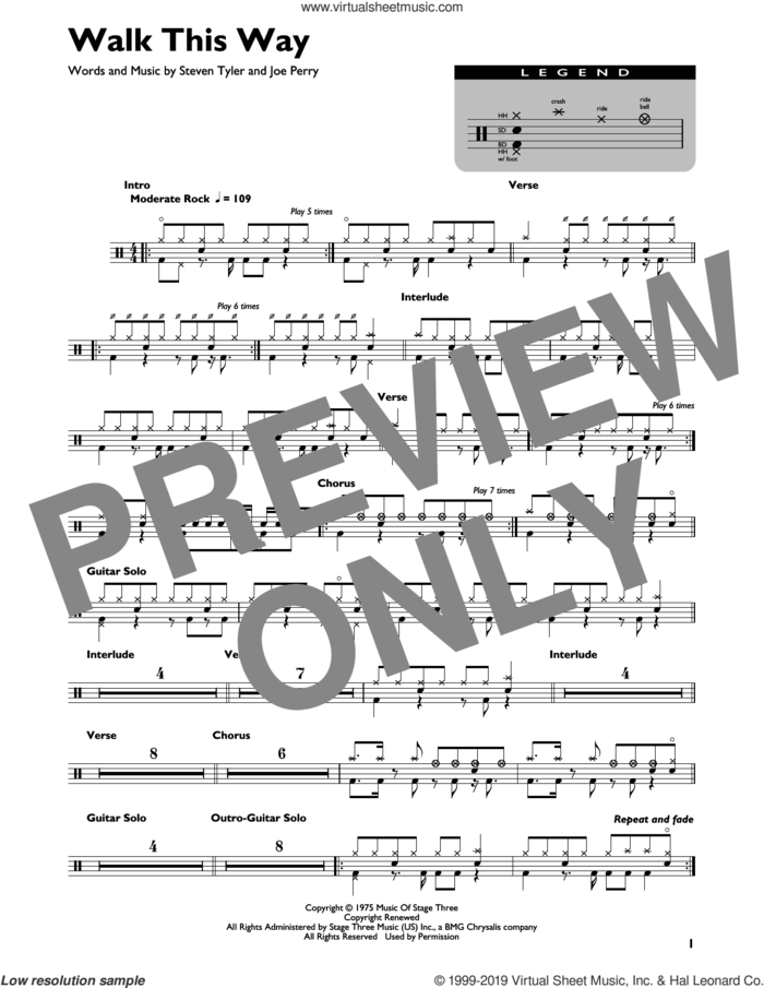 Walk This Way sheet music for drums (percussions) by Aerosmith, Joe Perry and Steven Tyler, intermediate skill level