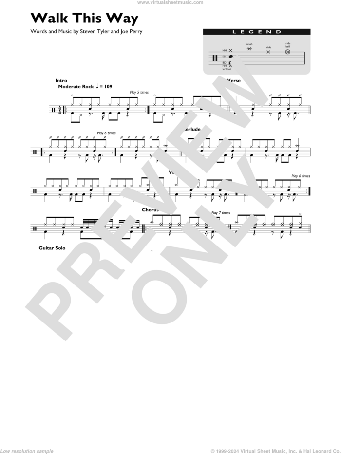 Walk This Way sheet music for drums (percussions) by Aerosmith, Joe Perry and Steven Tyler, intermediate skill level