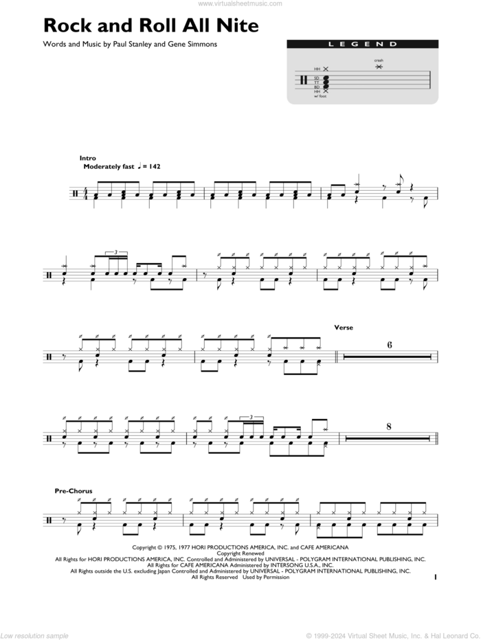 Rock And Roll All Nite sheet music for drums (percussions) by KISS, Gene Simmons and Paul Stanley, intermediate skill level