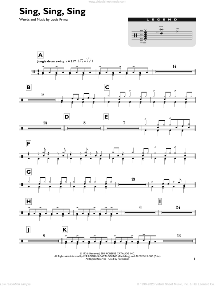 Sing, Sing, Sing sheet music for drums (percussions) by Benny Goodman and Louis Prima, intermediate skill level