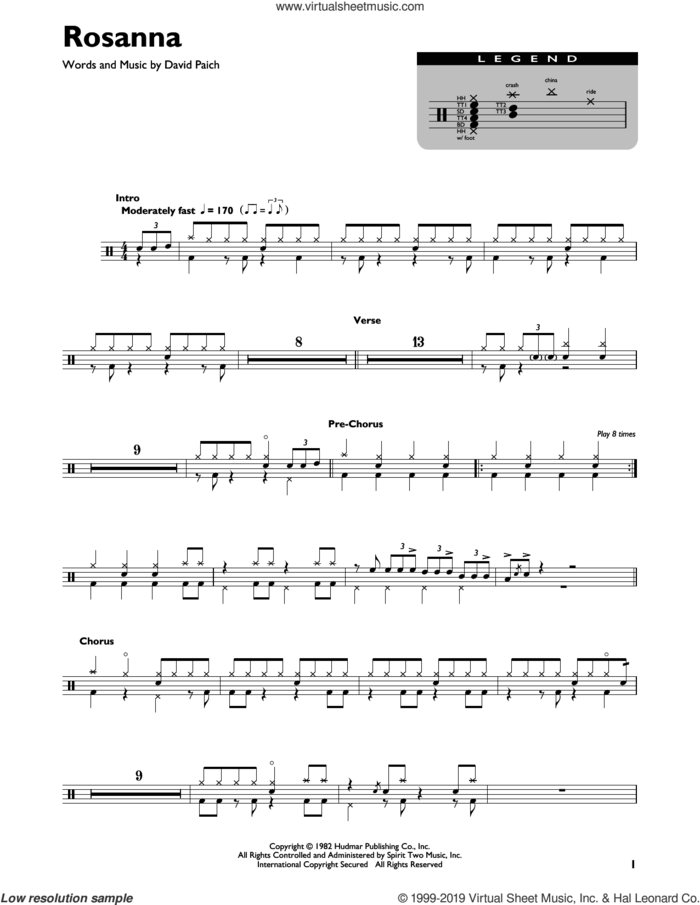 Rosanna sheet music for drums (percussions) by Toto and David Paich, intermediate skill level