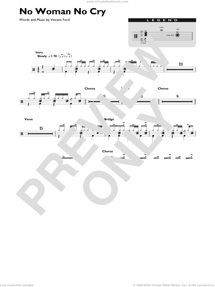 No Woman No Cry sheet music for drums (percussions) by Bob Marley and Vincent Ford, intermediate skill level